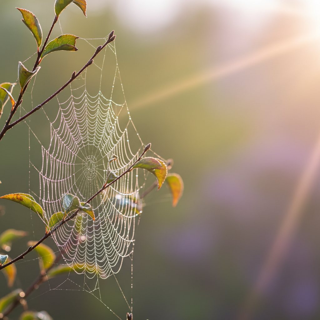 A delicate spiderweb adorned with perfectly round dew drops, each acting as a tiny lens capturing hints of the surrounding muted foliage and dawn-light gradients. The web is stretched between thin, ochre-hued branches in a quiet corner of a minimalist garden scene, with the background rendered into soft, elegant bokeh. Light is provided by the warm glow of sunrise, casting subtle, elongated highlights across the pearls of water and imparting a sense of early morning calm. The composition employs the rule of thirds and a shallow depth of field to emphasize the web’s intricate patterns, resulting in an atmospheric, sophisticated image suitable for an upscale photography showcase.