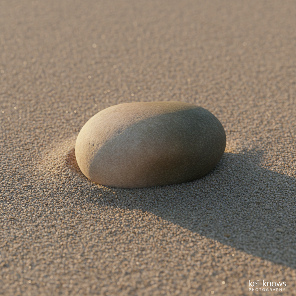 A single, smooth river stone with a soft, matte surface resting on fine, almost monochrome sand, partially bathed in warm golden-hour light. The stone boasts subtle, elegant gradients from light to dark, and a muted palette of taupe, grey, and hints of earthy green. The composition is strikingly minimalist, with the stone slightly off-center, casting a gentle shadow that blends seamlessly with the understated sand texture. Ambient light creates soft edges and a tranquil, peaceful atmosphere, enhancing the refined, sophisticated style that defines the kei-knows Photography portfolio. The image feels balanced and contemplative, crafted for elegant fullscreen display.