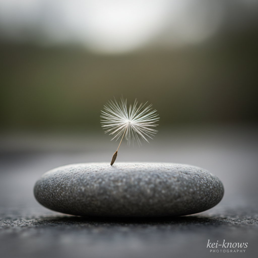A solitary, feather-light dandelion seed poised delicately atop a smooth, stone surface, captured in exquisite detail. Muted sunlight from an overcast sky softly illuminates the translucent seed filaments, creating a subtle halo effect, while the stone underneath provides cool, understated tones and refined textures. The minimalistic surroundings fade gently into an elegant blur, placing full emphasis on the seed’s fragile structure. The mood is contemplative and tranquil, with a centered, clean composition using ample negative space. Photographic realism and a muted, minimalist aesthetic highlight the refined, sophisticated personality of the kei-knows Photography portfolio.